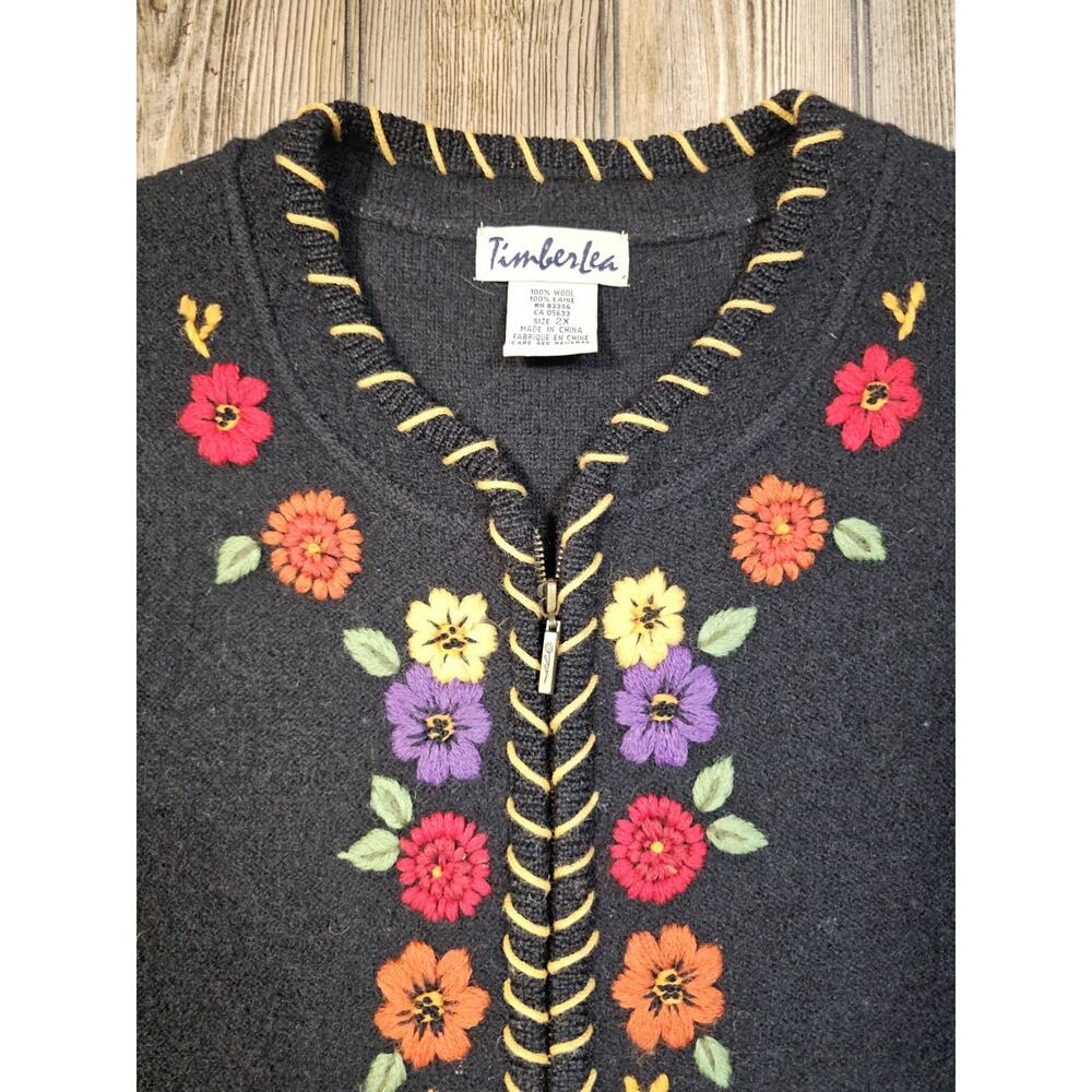 Vintage Timberlea 100 % Wool Vest Black Embroidered Floral Knit Women's Size 2X - Picture 3 of 7